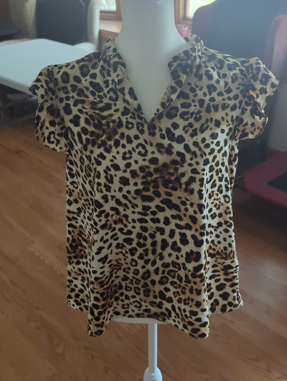 Nanette Lepore Leopard Print Ruffle Sleeve V-Neck Top - Tan/Black